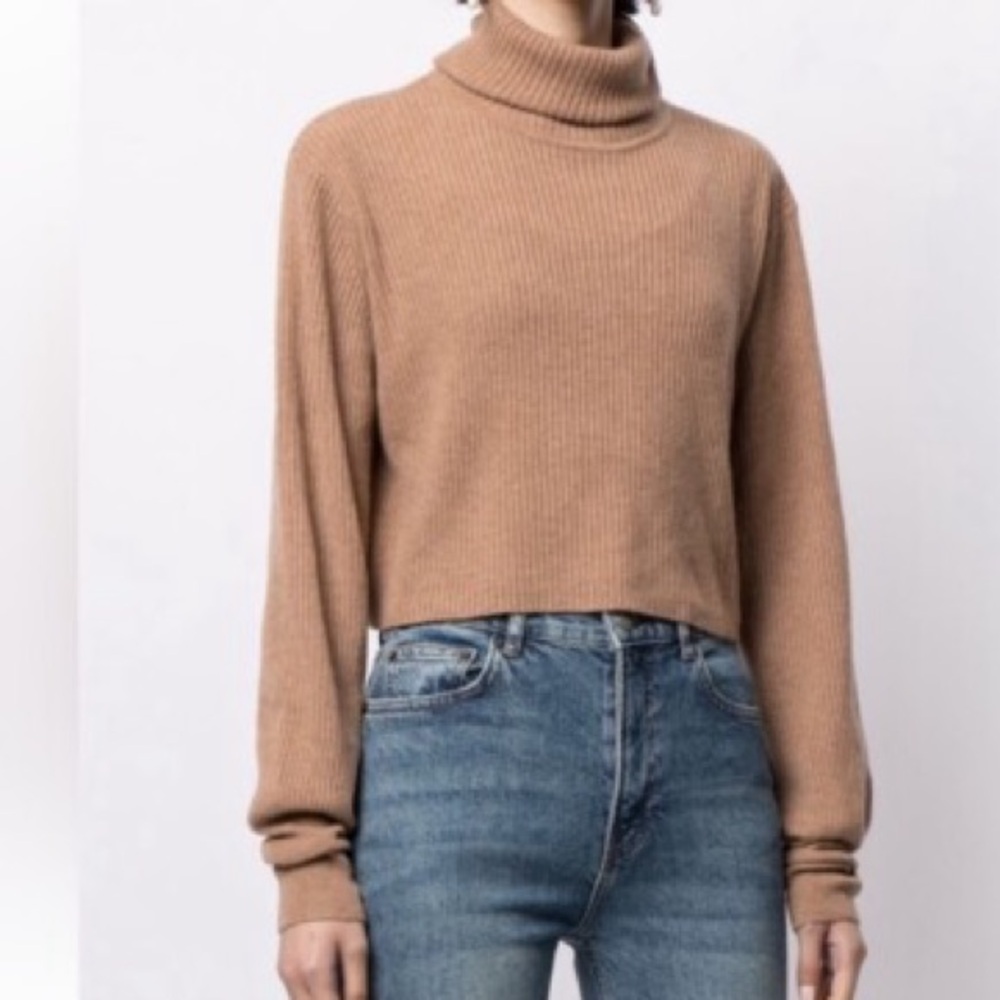 Reformation cropped cashmere sweater camel tan ribbed knit turtleneck spring XS - Picture 9 of 10